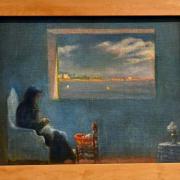 1920-Portrait de la grand-mère Anna cousant-Huile sur toile