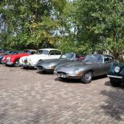 Alignement de belles Jaguar et autres voitures anciennes