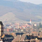 Le clocher roman de Sigolsheim et au fond Ammerschwihr