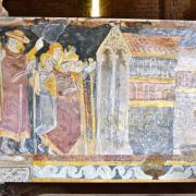 Tableau exposé dans la nef de la fresque des pélerins de l'absidiole sud